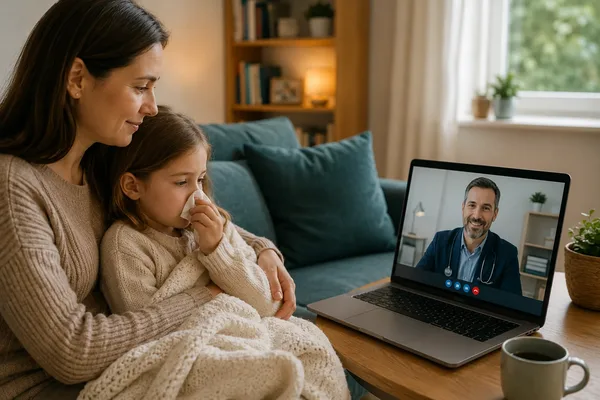 Mother and child at home on a video call with a GP for a minor illness consultation - Cha2GP online doctor
