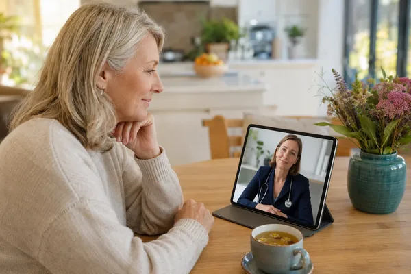 Middle-aged woman at home on a tablet video call with her GP for menopause and perimenopause support - Cha2GP