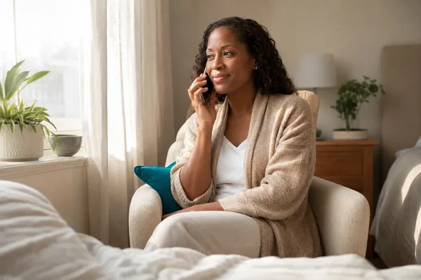 Woman having a private phone consultation with her GP about breast and sexual health from home - Cha2GP