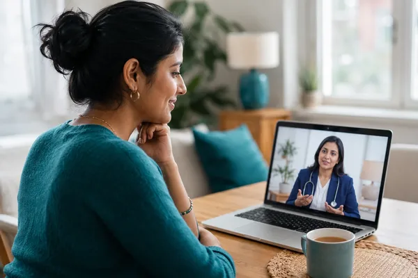 Woman having an online video consultation with a female GP about health screening results - Cha2GP telehealth