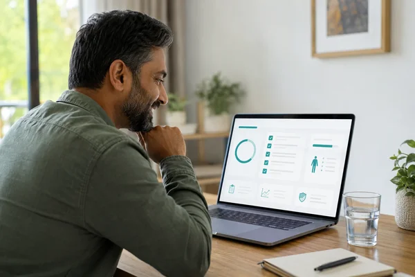 Patient checking weight management eligibility on a health dashboard from home - Cha2GP online GP